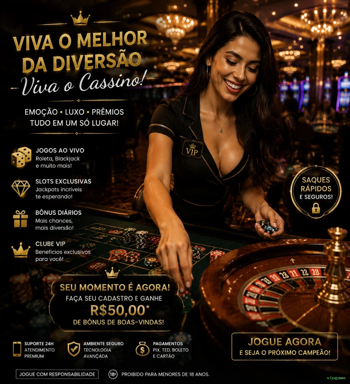 Imagem promocional do cassino online da vipgame mostrando jogos ao vivo